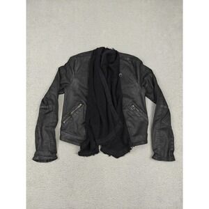 Free People Jacket Womens 6 Black Denim Knit Shawl Moto Zip Pockets Collarless